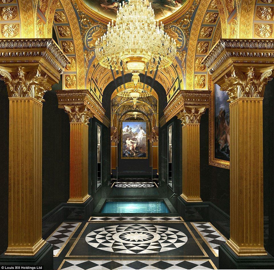 A marble Roman bath has enough space for eight guests under a crystal chandelier and a vaulted Baroque ceiling supported by columns